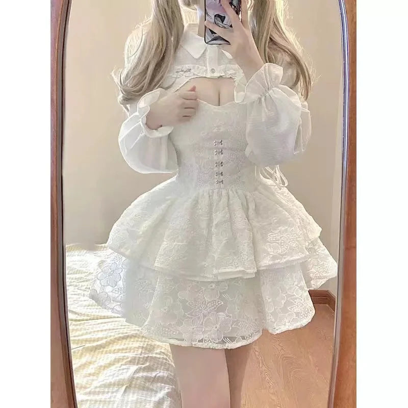 Hot Girl White Lace Lolita Dress Women Casual Ruffle Long Sleeve Fairy Dress Straps Birthday Party Dresses - Future Style