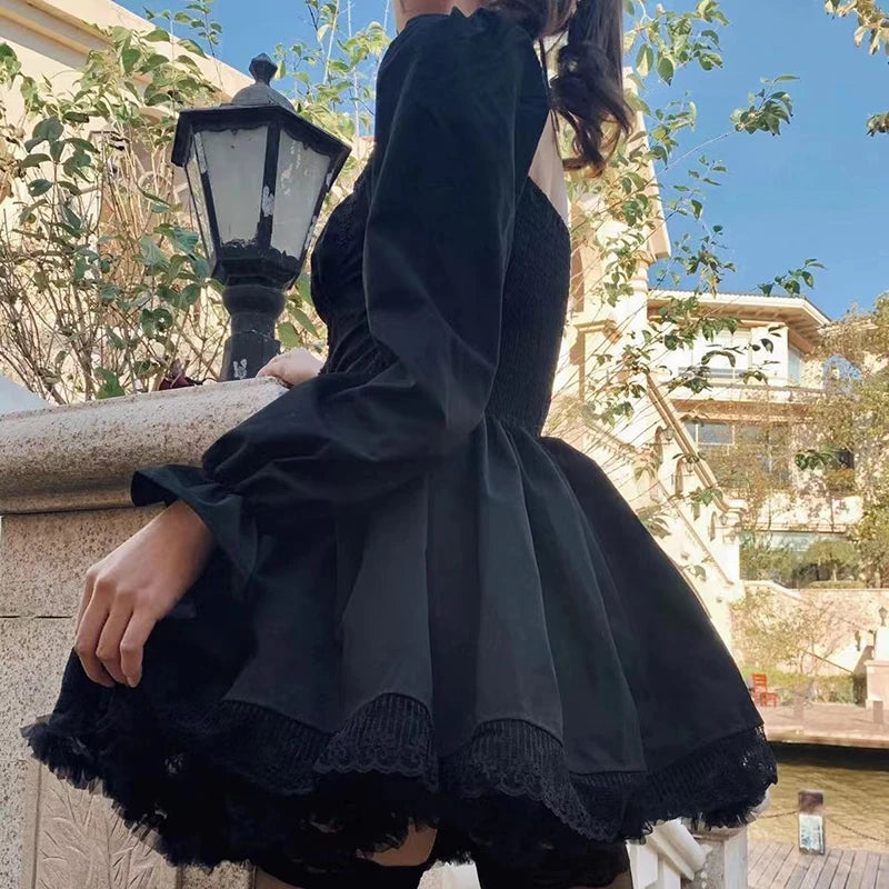 Long Sleeves Lolita Black Dress Goth Aesthetic Puff Sleeve High Waist Vintage Bandage Lace Trim Party Gothic Clothes Dress Woman - Future Style