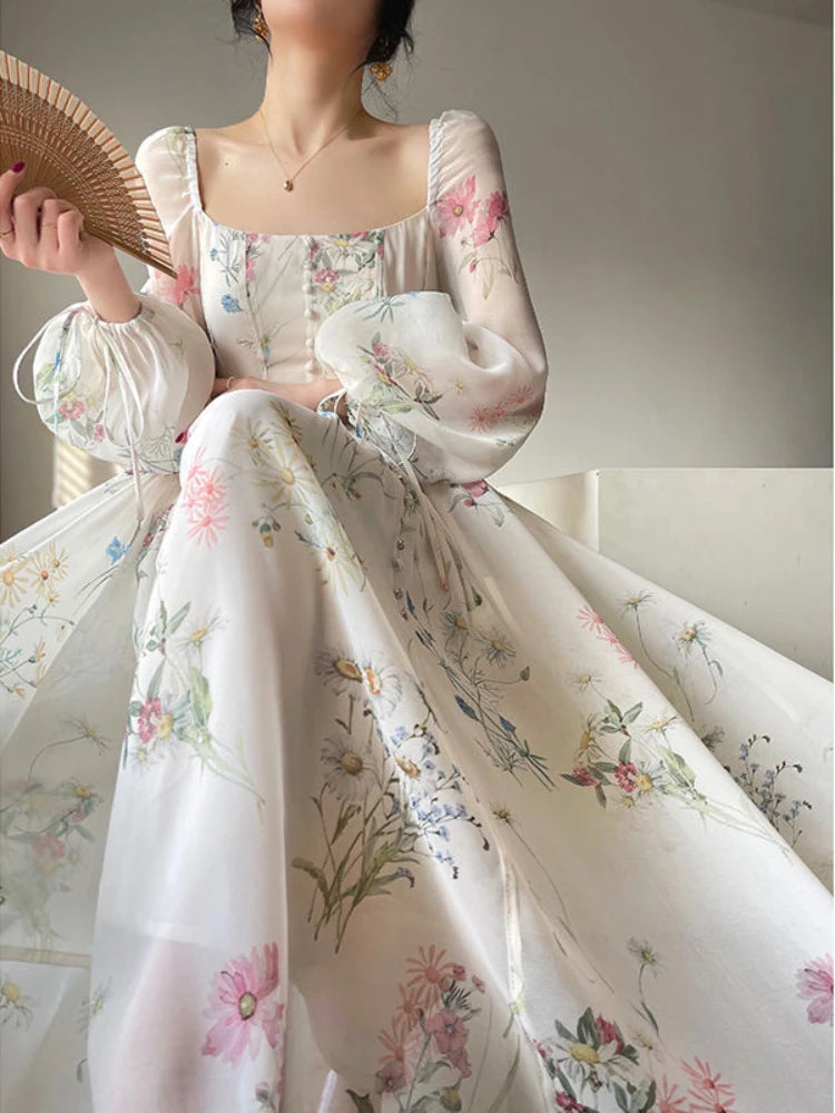 French Elegant Floral Midi Dress Chiffon Long Sleeve Evening Party Dress Woman Beach Fairy One Piece Dress 2024 Spring - Future Style