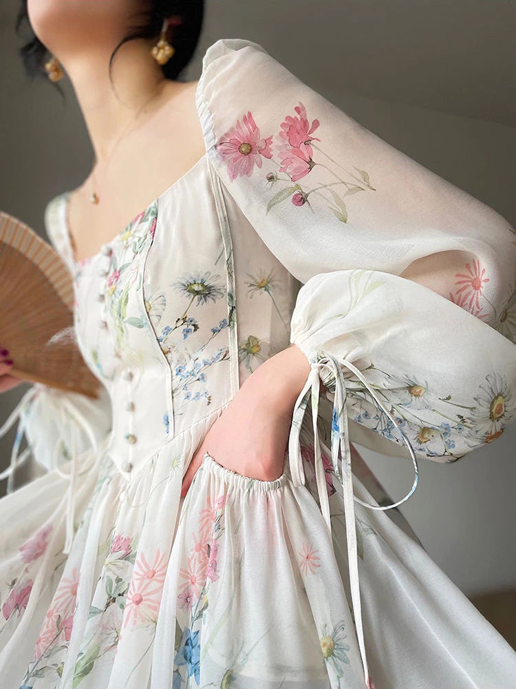 French Elegant Floral Midi Dress Chiffon Long Sleeve Evening Party Dress Woman Beach Fairy One Piece Dress 2024 Spring - Future Style