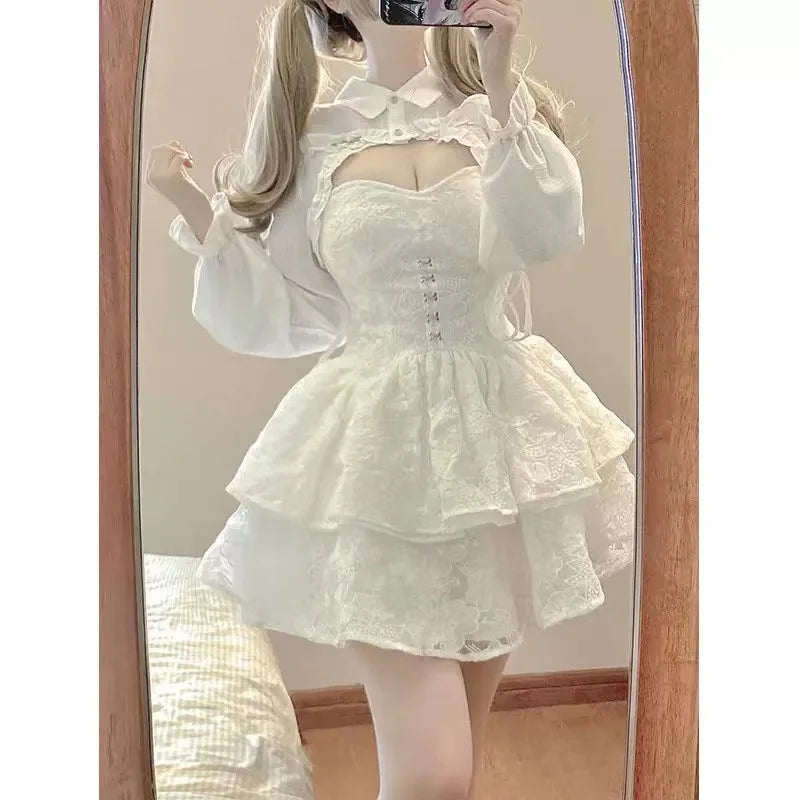 Hot Girl White Lace Lolita Dress Women Casual Ruffle Long Sleeve Fairy Dress Straps Birthday Party Dresses - Future Style