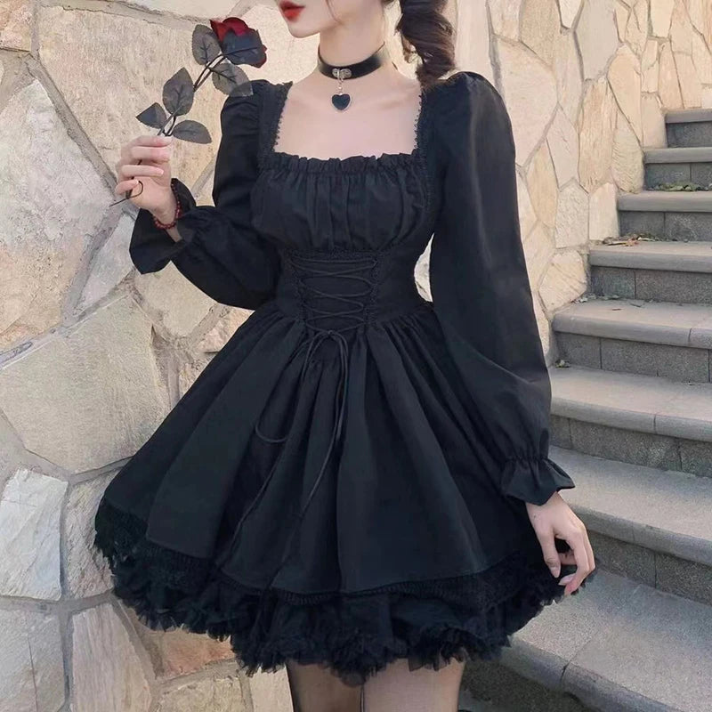 Long Sleeves Lolita Black Dress Goth Aesthetic Puff Sleeve High Waist Vintage Bandage Lace Trim Party Gothic Clothes Dress Woman - Future Style